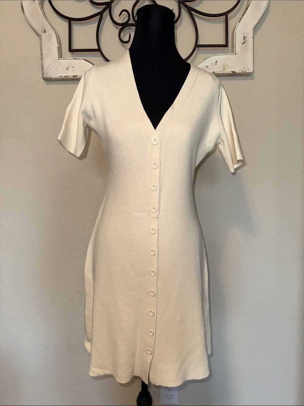 Zara Cream Button-Front V-Neck Knit Dress